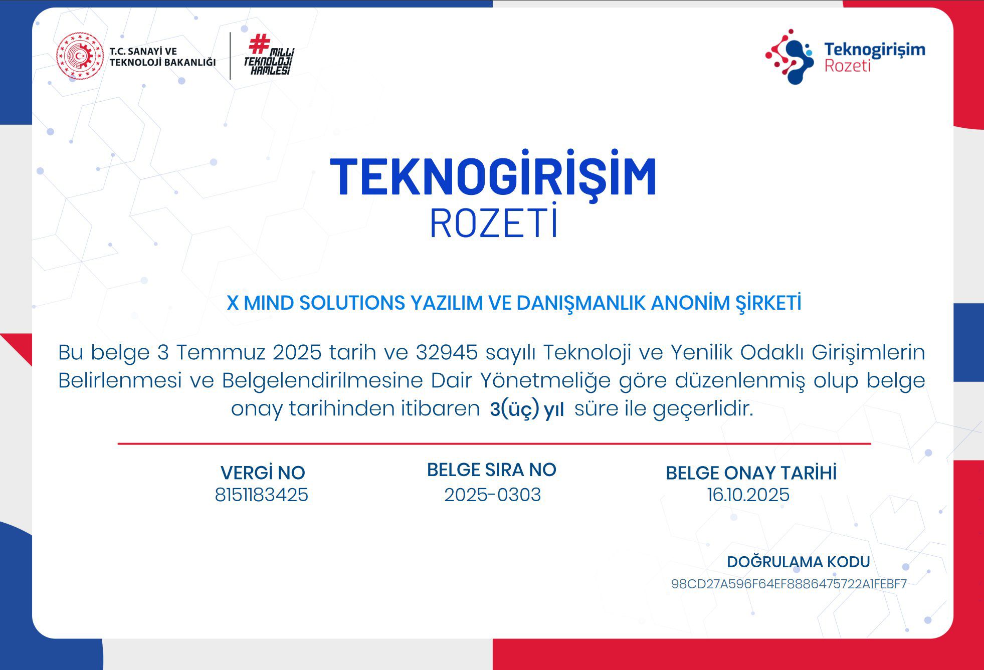 X Mind Solutions Teknogirişim Rozeti belgesi